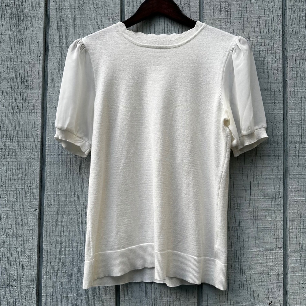 Adrianna Papell White Top Sheer Puff Sleeve‎ Knit Scalloped Neck Blouse Small